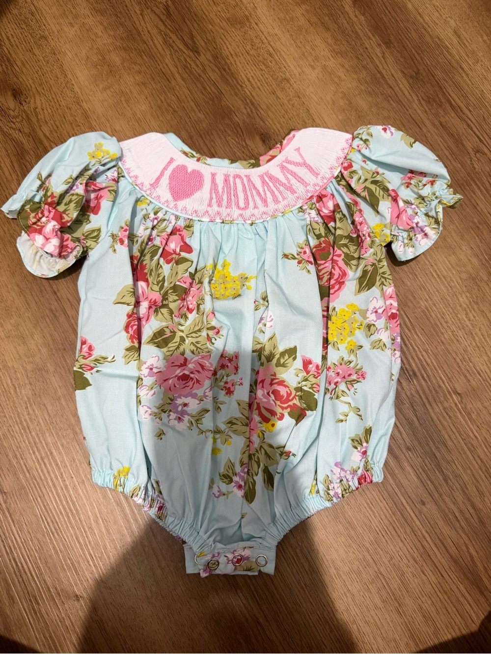 Floral Smocked Baby One-Piece Romper - Light Blue & Pink
